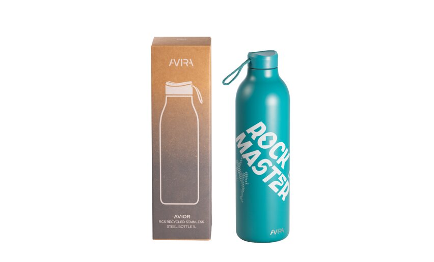 A turquoise stainless steel water bottle, with the "Rock Master" logo. It comes with a simple designed cardboard packaging.