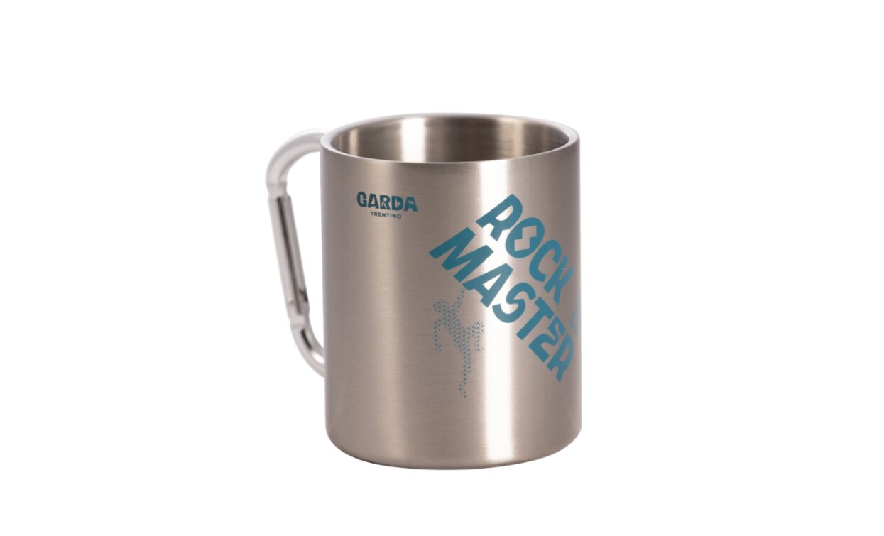 A stainless steel mug with a sporty design. The text "ROCK MASTER" is clearly visible, accompanied by a carabiner for easy portability.
